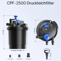 SunSun Komplettset: CPF-2500 Teichdruckfilter bis 6000 L mit 11 Watt UV-C Teichklärer, NEO3800 SuperEco Teichpumpe 3600l/h 20W, 5m Teichschlauch 32 mm (1 1/4
