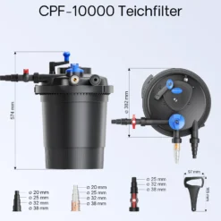 SunSun Komplettset: CPF-10000 Teichdruckfilter bis 10000 L mit 11 Watt UV-C Teichklärer, NEO3800 SuperEco Teichpumpe 3600l/h 20W, 5m Teichschlauch 38 mm (1 1/2