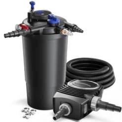 SunSun Komplettset: CPF-15000 Teichdruckfilter bis 30000 L mit 18 Watt UV-C Teichklärer, NEO6000 SuperEco Teichpumpe 6000l/h 40W, 5m Teichschlauch 38 mm (1 1/2"), Schlauchschellen W1 44-47mm