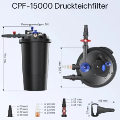 SunSun Komplettset: CPF-15000 Teichdruckfilter bis 30000 L mit 18 Watt UV-C Teichklärer, NEO6000 SuperEco Teichpumpe 6000l/h 40W, 5m Teichschlauch 38 mm (1 1/2