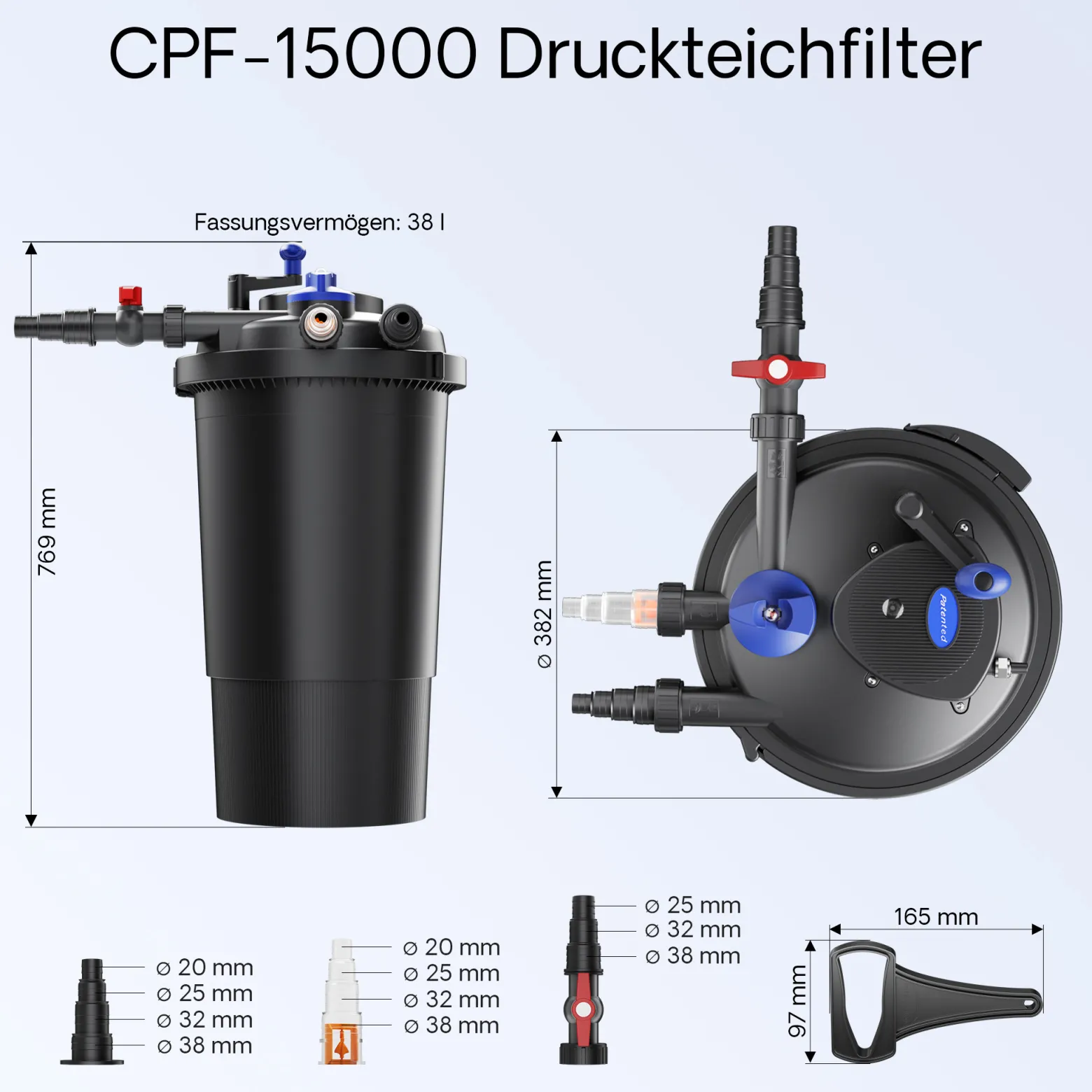 SunSun Komplettset: CPF-15000 Teichdruckfilter bis 30000 L mit 18 Watt UV-C Teichklärer, NEO6000 SuperEco Teichpumpe 6000l/h 40W, 5m Teichschlauch 38 mm (1 1/2"), Schlauchschellen W1 44-47mm