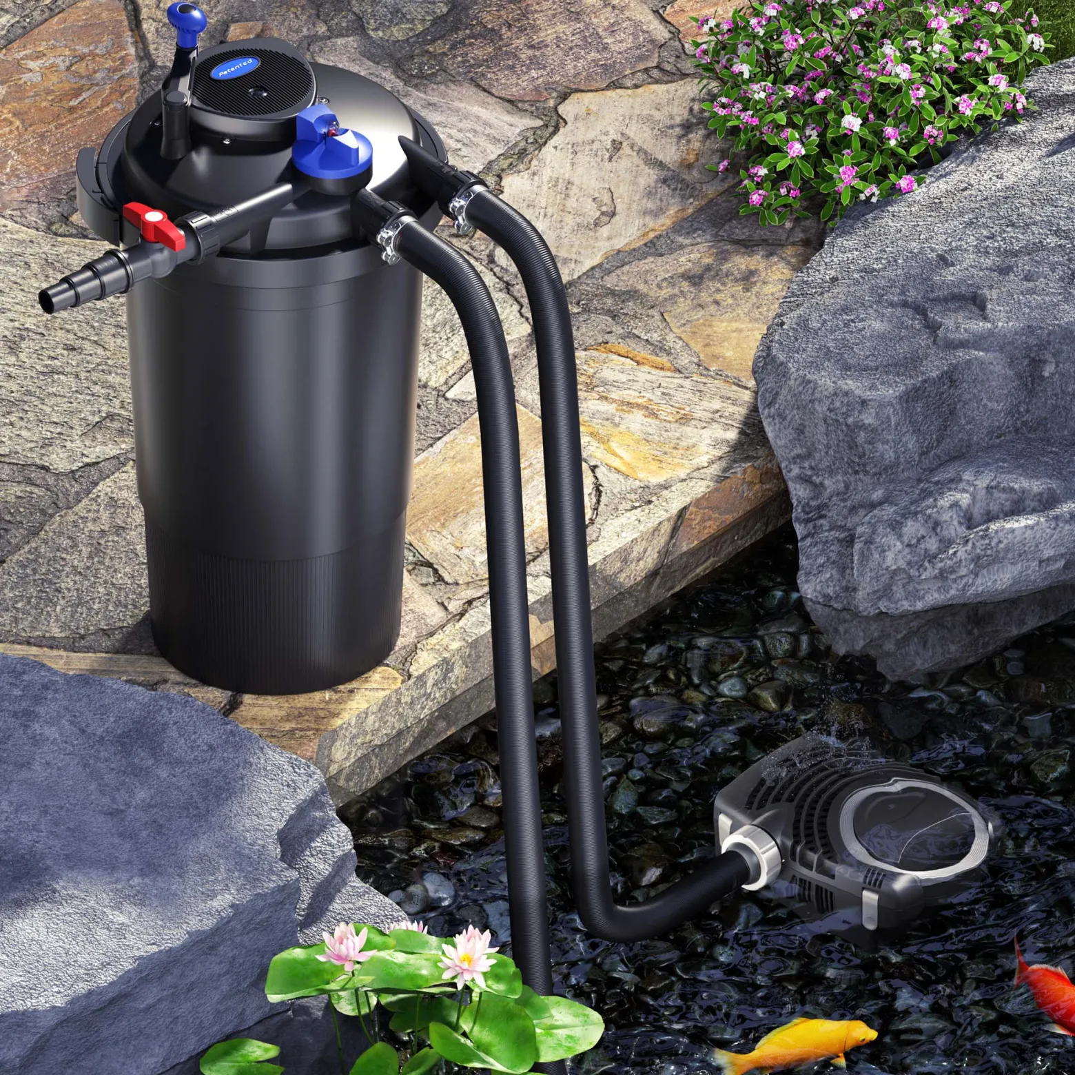 SunSun Komplettset: CPF-15000 Teichdruckfilter bis 30000 L mit 18 Watt UV-C Teichklärer, NEO6000 SuperEco Teichpumpe 6000l/h 40W, 5m Teichschlauch 38 mm (1 1/2"), Schlauchschellen W1 44-47mm