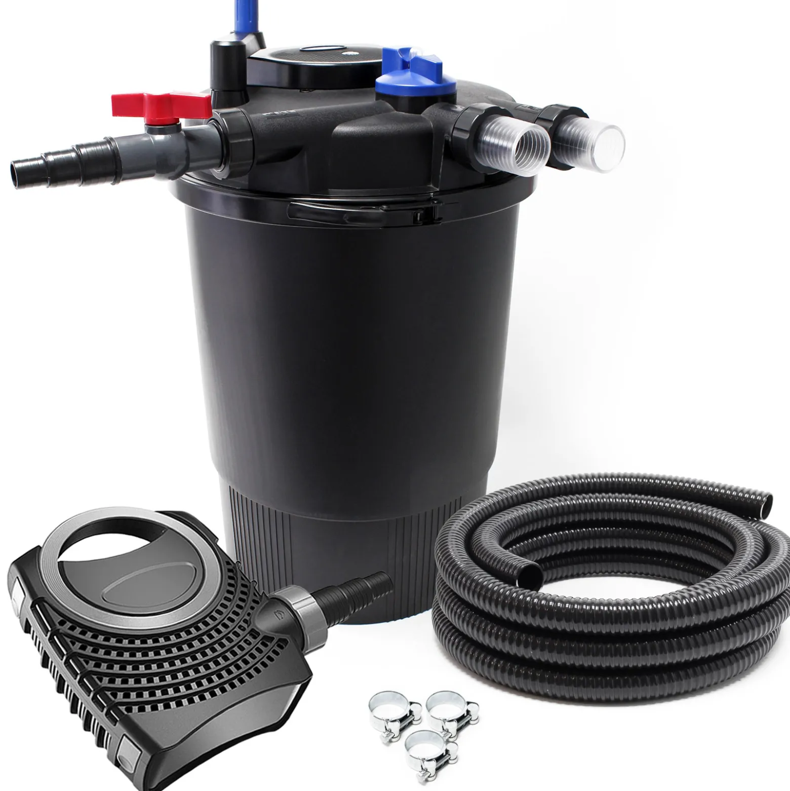 SunSun Komplettset: CPF-30000 Teichdruckfilter bis 12000 L mit 55 Watt UV-C Teichklärer, NEO8000 SuperEco Teichpumpe 8000l/h 70W, 10m Teichschlauch 38 mm (1 1/2"), Schlauchschellen W1 44-47mm