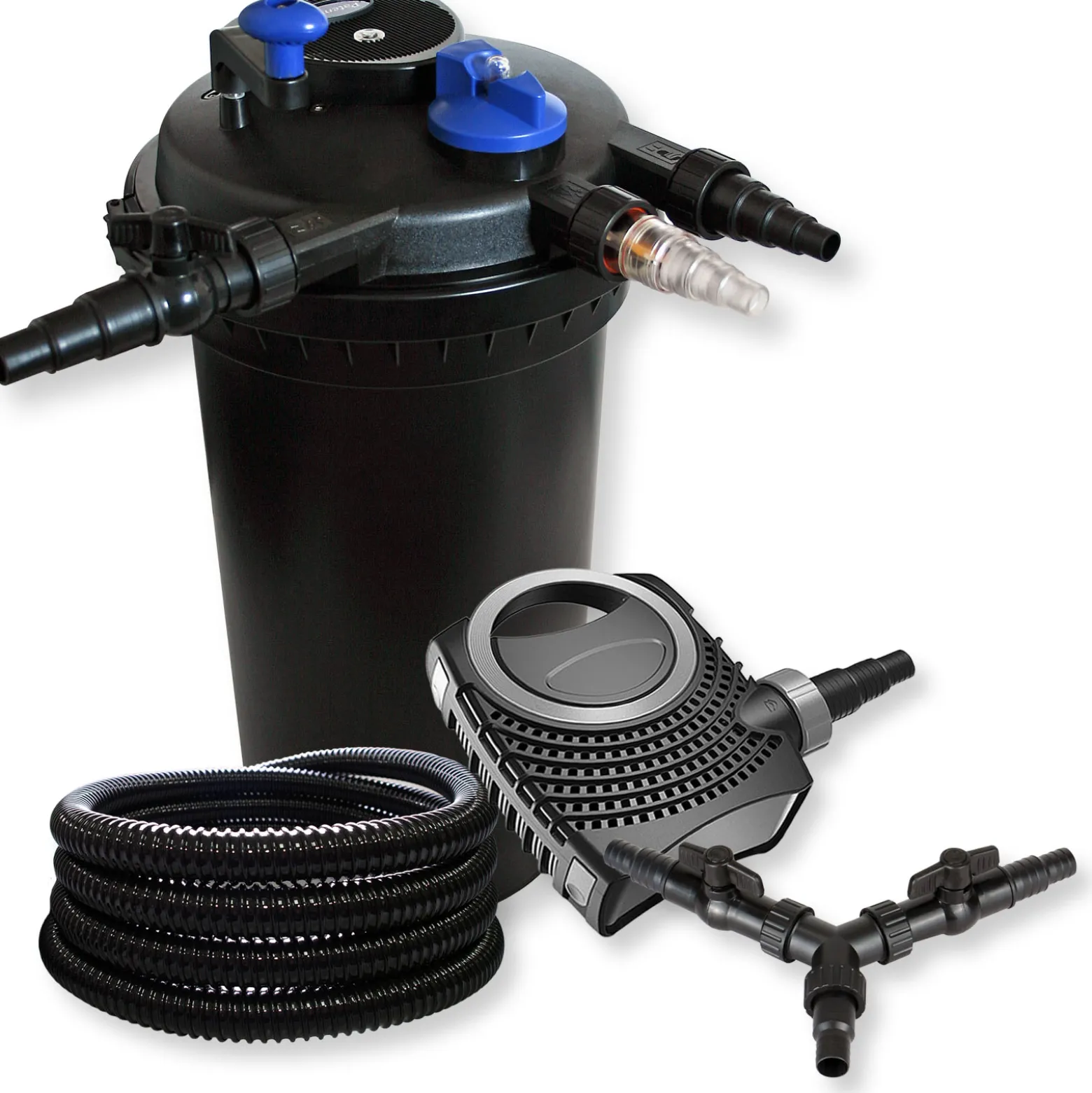 SunSun Komplettset: CPF-15000 Teichdruckfilter bis 30000 L mit 18 Watt UV-C Teichklärer, CTF-8000 SuperECO Teichpumpe 8000l/h 70W, 25m Teichschlauch 25 mm (1"), Y-Verteiler