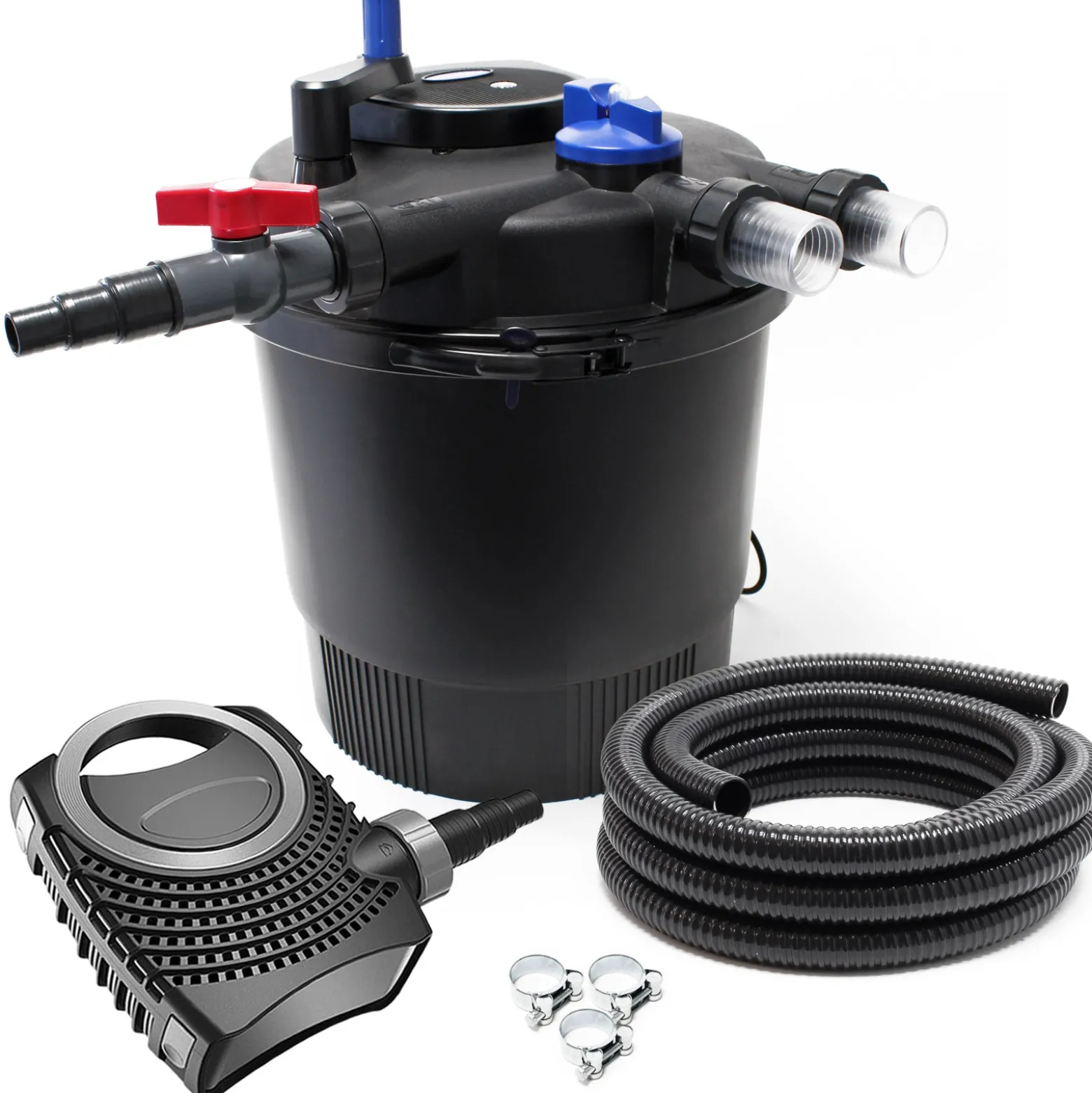 SunSun Komplettset: CPF-20000 Teichdruckfilter bis 10000 L mit 11 Watt UV-C Teichklärer, NEO10000 SuperECO Teichpumpe 10000l/h 80W, 10m Teichschlauch 38 mm (1 1/2"), Schlauchschellen W1 44-47mm