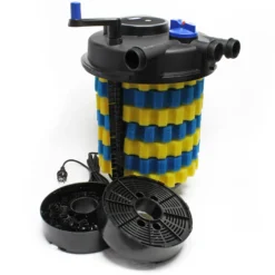 SunSun Komplettset: CPF-50000 Teichdruckfilter Moving Bed bis 13000L, 55W UV-C Teichklärer, NEO10000 SuperECO Teichpumpe 10000l/h 80W, 10m Teichschlauch 38 mm (1 1/2"), Schlauchschellen W1 44-47mm