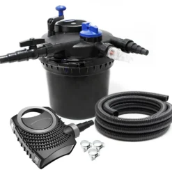 SunSun Komplettset: CPF-5000 Teichdruckfilter bis 9000 L mit 11 Watt UV-C Teichklärer, NEO-2800 SuperECO Teichpumpe 3000l/h 10W, 5m Teichschlauch 38 mm (1 1/2"), Schlauchschellen W1 44-47mm