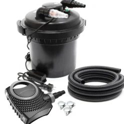 SunSun Komplettset: CPF-280 Teichdruckfilter bis 8000 L mit 11 Watt UV-C Teichklärer, NEO3800 SuperEco Teichpumpe 3600l/h 20W, 5m Teichschlauch 38 mm (1 1/2"), Schlauchschellen W1 44-47mm