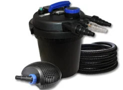 SunSun Komplettset: CPF-250 Teichdruckfilter bis 10000 L Teich mit 11W Teichklärer, CTF-6000 SuperECO Teichpumpe 6000l/h 40W, 25m Teichschlauch 25 mm (1")