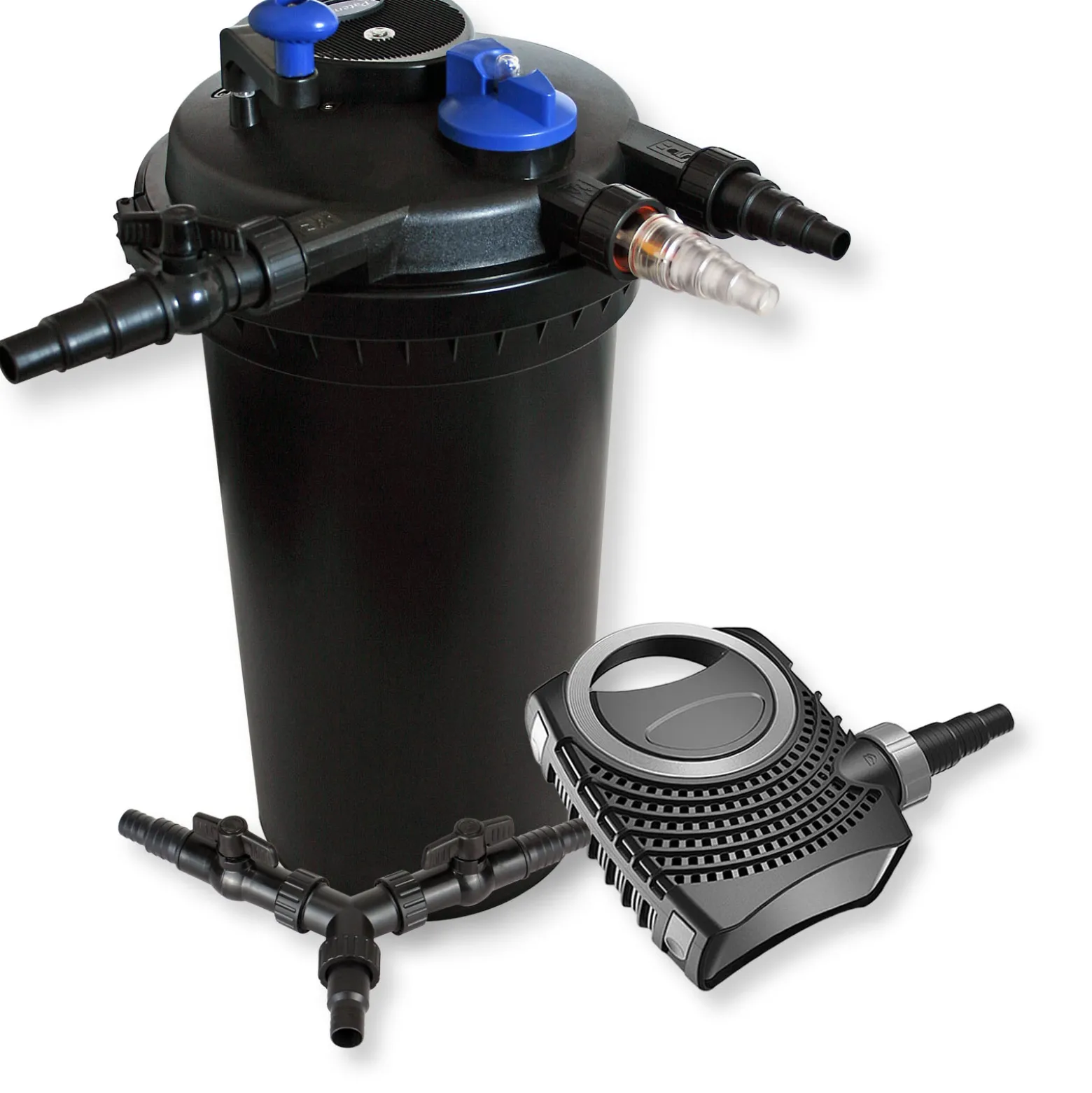 SunSun Komplettset: CPF-15000 Teichdruckfilter bis 30000 L mit 18 Watt UV-C Teichklärer, NEO10000 SuperECO Teichpumpe 10000l/h 80W, Y-Verteiler