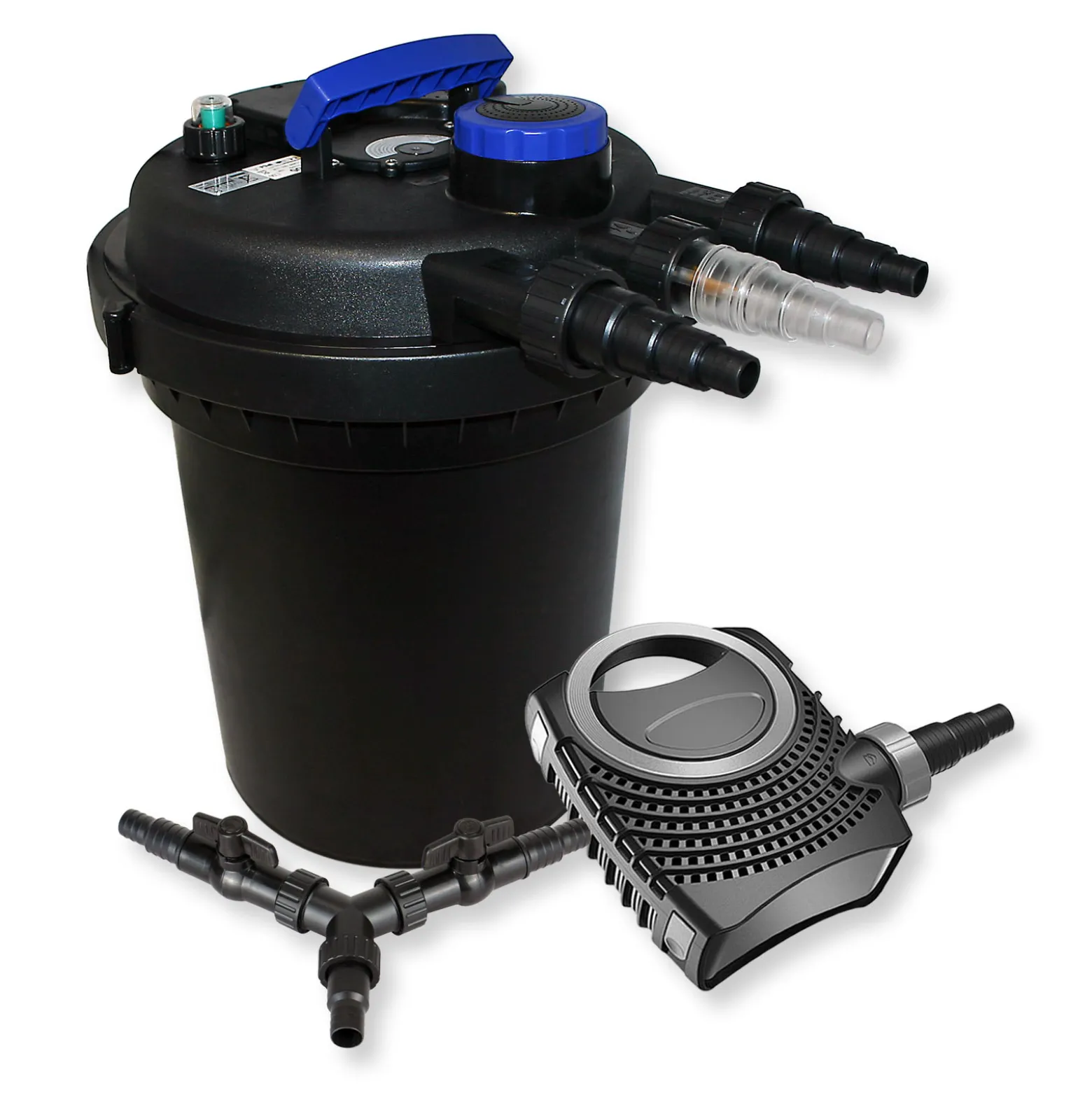 SunSun Komplettset: CPF-250 Teichdruckfilter bis 10000 L Teich mit 11W Teichklärer, NEO10000 SuperECO Teichpumpe 10000l/h 80W, Y-Verteiler