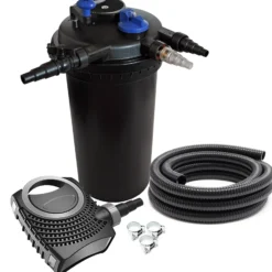 SunSun Komplettset: CPF-15000 Teichdruckfilter bis 30000 L mit 18 Watt UV-C Teichklärer, NEO10000 SuperECO Teichpumpe 10000l/h 80W, 10m Teichschlauch 38 mm (1 1/2"), Schlauchschellen W1 44-47mm