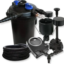 SunSun Komplettset: CPF-15000 Teichdruckfilter bis 30000 L mit 18 Watt UV-C Teichklärer, NEO10000 Teichpumpe 10000l/h 80W, 25m Schlauch 25mm, CSP-250 Skimmer 2500l/h, HJ-943 Springbrunnen, Y-Verteiler