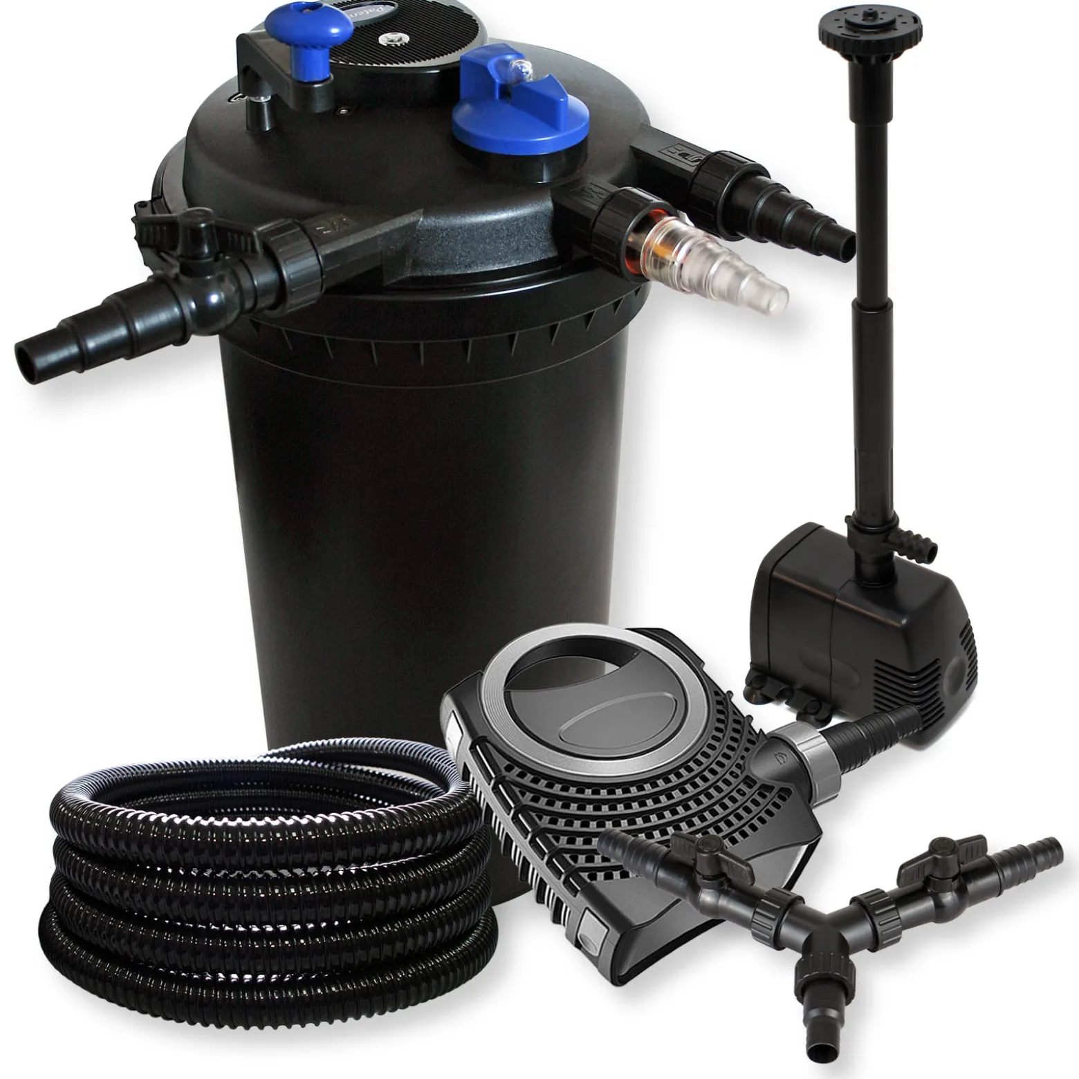 SunSun Komplettset: CPF-15000 Teichdruckfilter bis 30000 L mit 18 Watt UV-C Teichklärer, NEO10000 Teichpumpe 10000l/h 80W, 25m Teichschlauch 25 mm, HJ-943 Springbrunnenpumpe 800l/h 16W, Y-Verteiler
