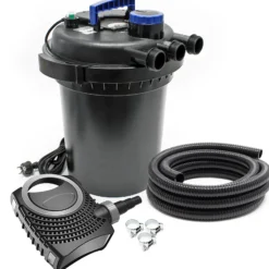 SunSun Komplettset: CPF-250 Teichdruckfilter bis 10000 L Teich mit 11W Teichklärer, NEO6000 SuperEco Teichpumpe 6000l/h 40W, 5m Teichschlauch 38 mm (1 1/2"), Schlauchschellen W1 44-47mm