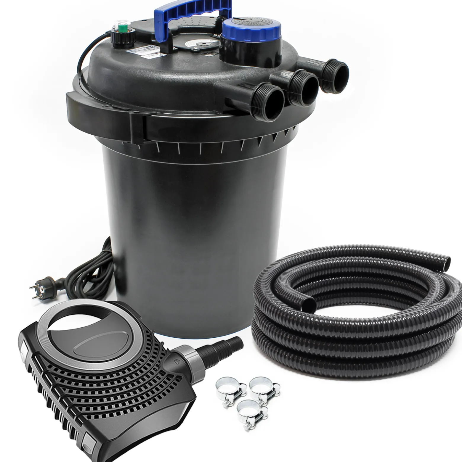 SunSun Komplettset: CPF-250 Teichdruckfilter bis 10000 L Teich mit 11W Teichklärer, NEO6000 SuperEco Teichpumpe 6000l/h 40W, 5m Teichschlauch 38 mm (1 1/2"), Schlauchschellen W1 44-47mm