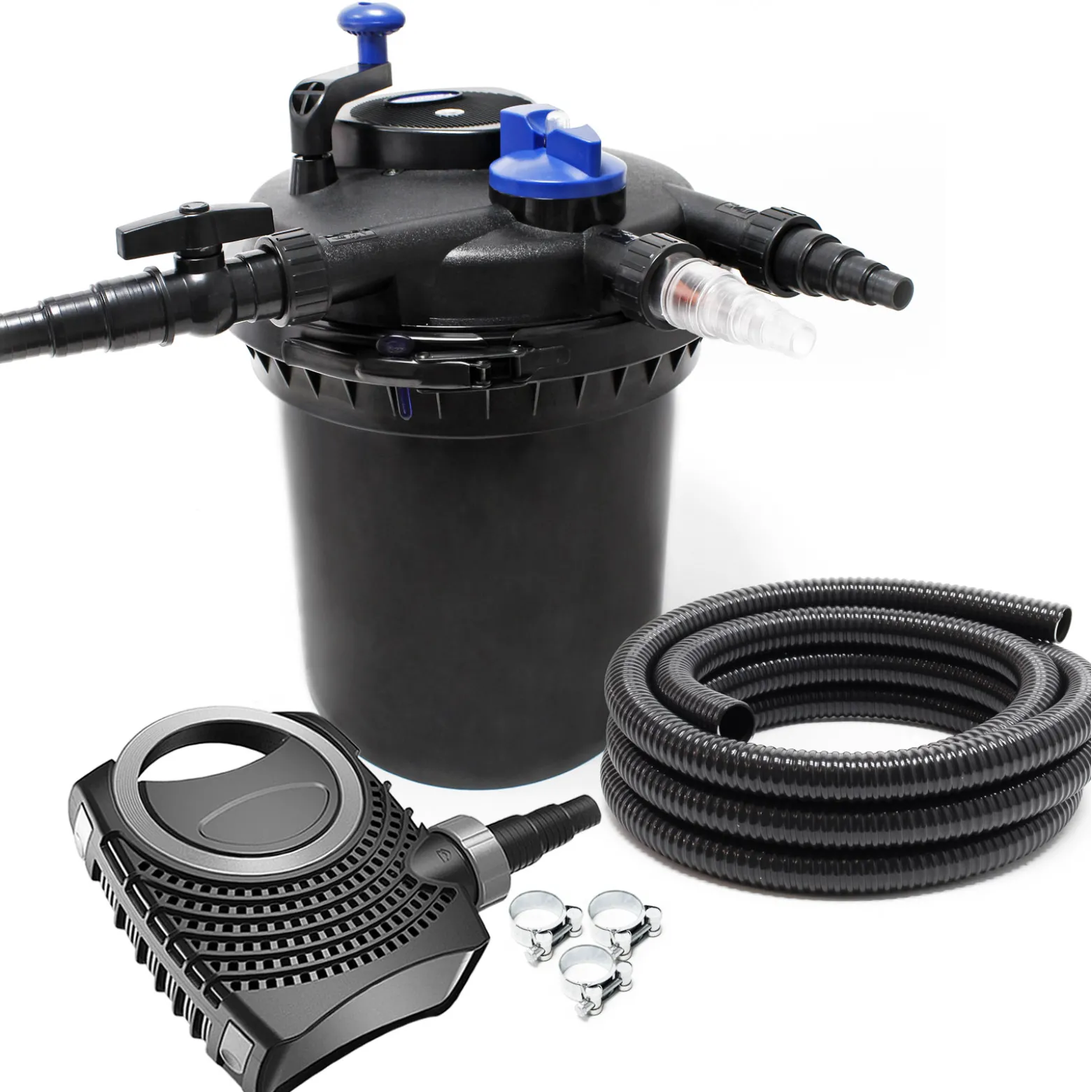 SunSun Komplettset: CPF-10000 Teichdruckfilter bis 10000 L mit 11 Watt UV-C Teichklärer, NEO8000 SuperEco Teichpumpe 8000l/h 70W, 10m Teichschlauch 38 mm (1 1/2"), Schlauchschellen W1 44-47mm