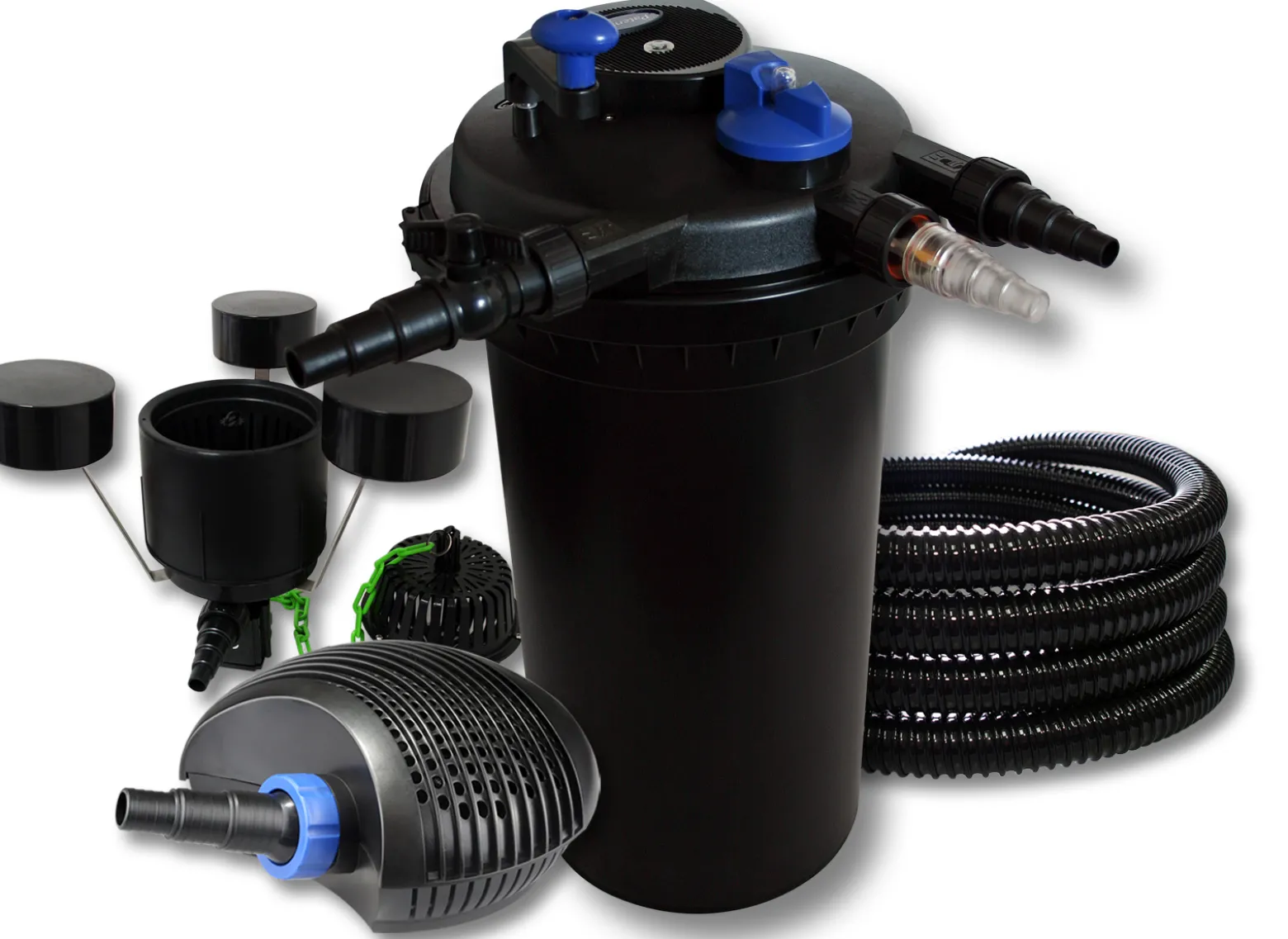 SunSun Komplettset: CPF-15000 Teichdruckfilter bis 30000 L mit 18 Watt UV-C Teichklärer, CTF-6000 SuperECO Teichpumpe 6000l/h 40W, 25m Teichschlauch 25 mm, CSP-250 Schwimmskimmer mit Pumpe 2500l/h 45W