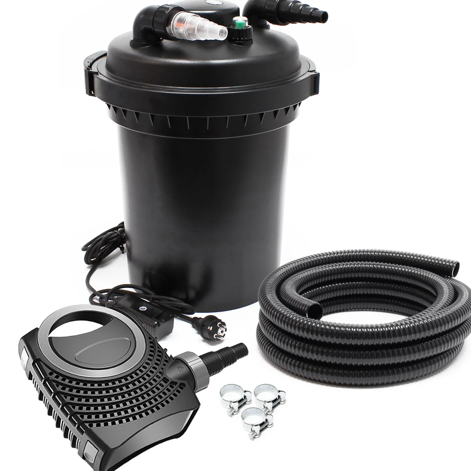 SunSun Komplettset: CPF-500 Teichdruckfilter bis 30000 L mit 18 Watt UV-C Teichklärer, NEO10000 SuperECO Teichpumpe 10000l/h 80W, 10m Teichschlauch 38 mm (1 1/2"), Schlauchschellen W1 44-47mm