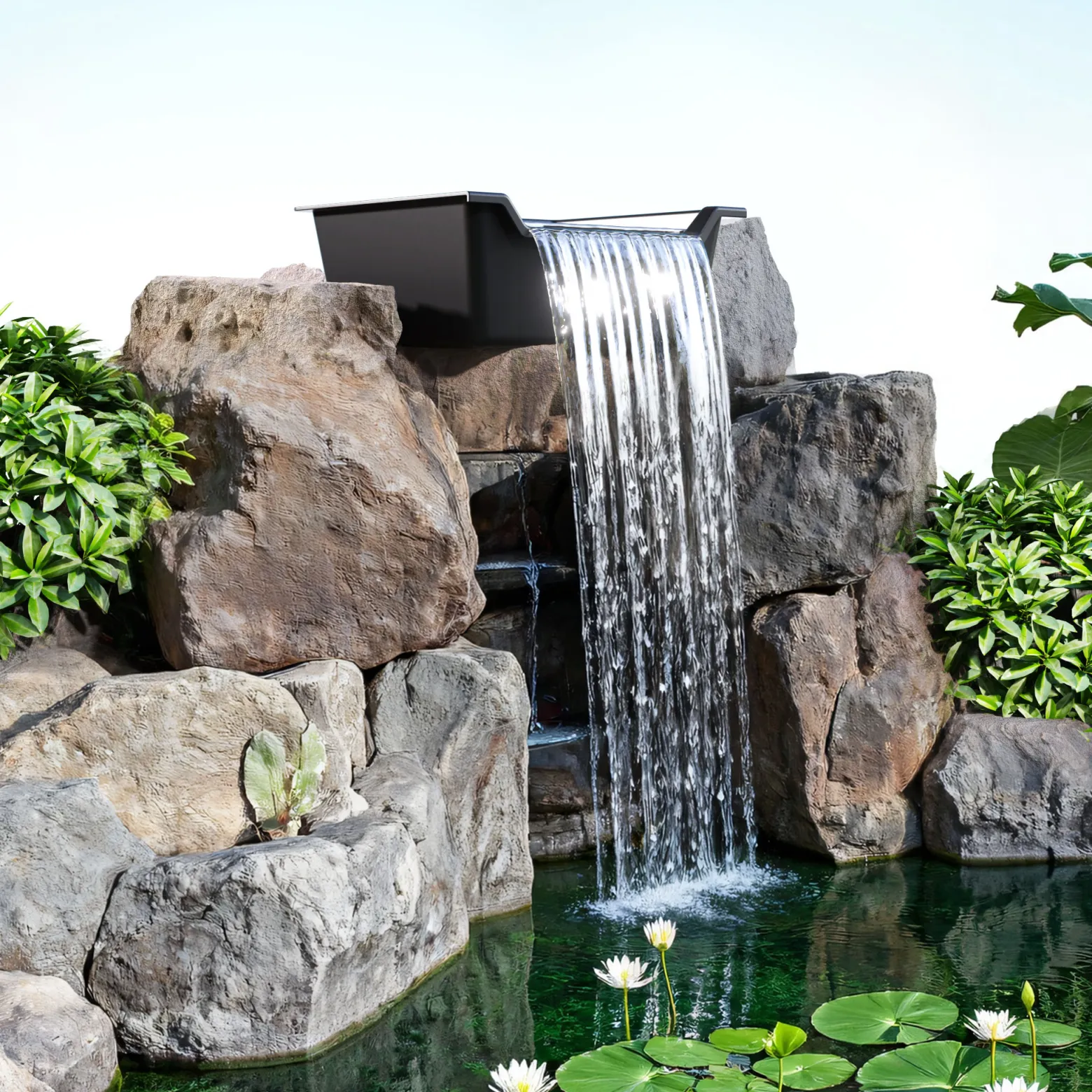 SunSun Wasserfall Garten Bachlaufschale mit 60 l Volumen inkl. Schlauchstufentülle, Teichschale für Wasserkaskaden, Teichwanne als Wasserspiel, Bachlauf und Überlauf