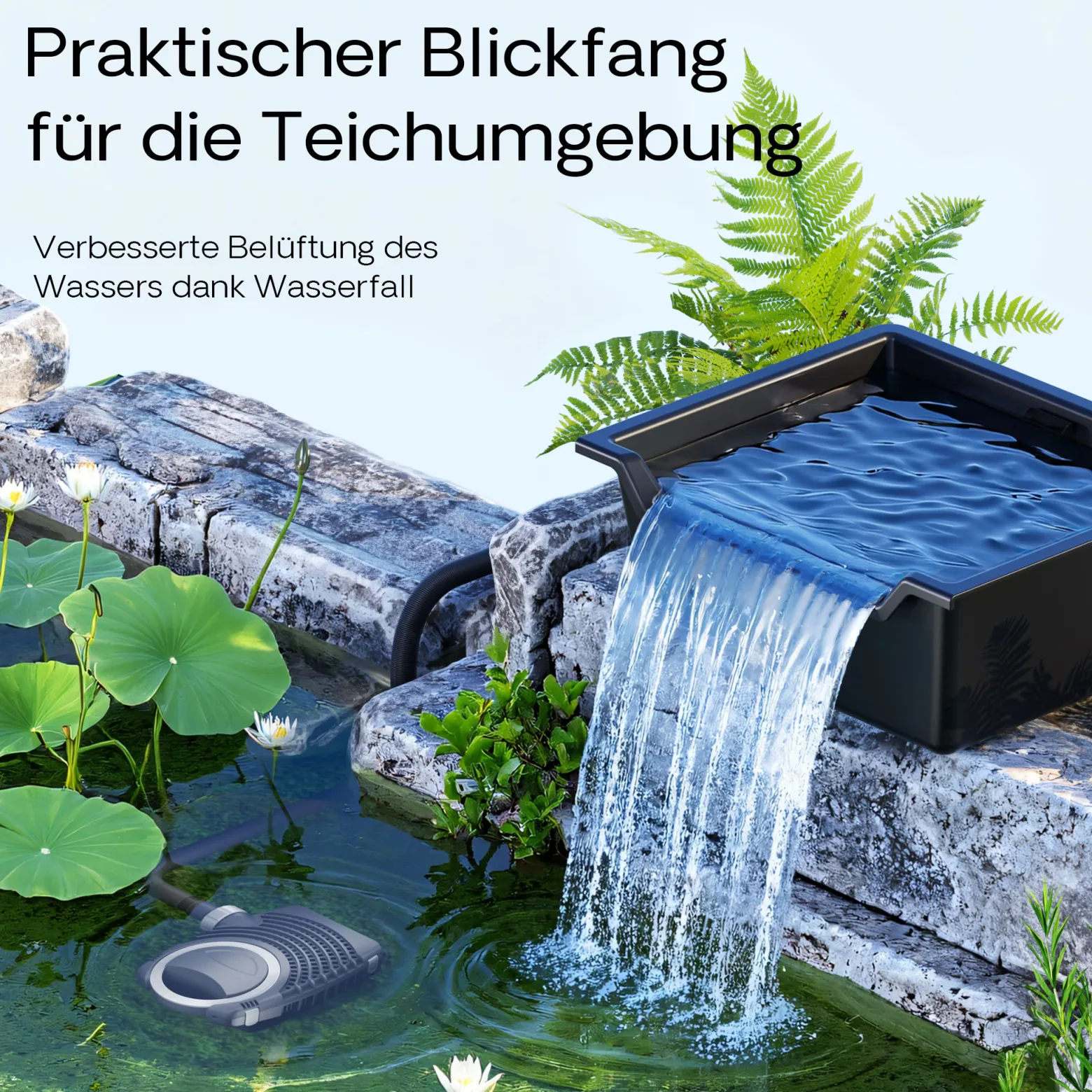 SunSun Wasserfall Garten Bachlaufschale mit 60 l Volumen inkl. Schlauchstufentülle, Teichschale für Wasserkaskaden, Teichwanne als Wasserspiel, Bachlauf und Überlauf