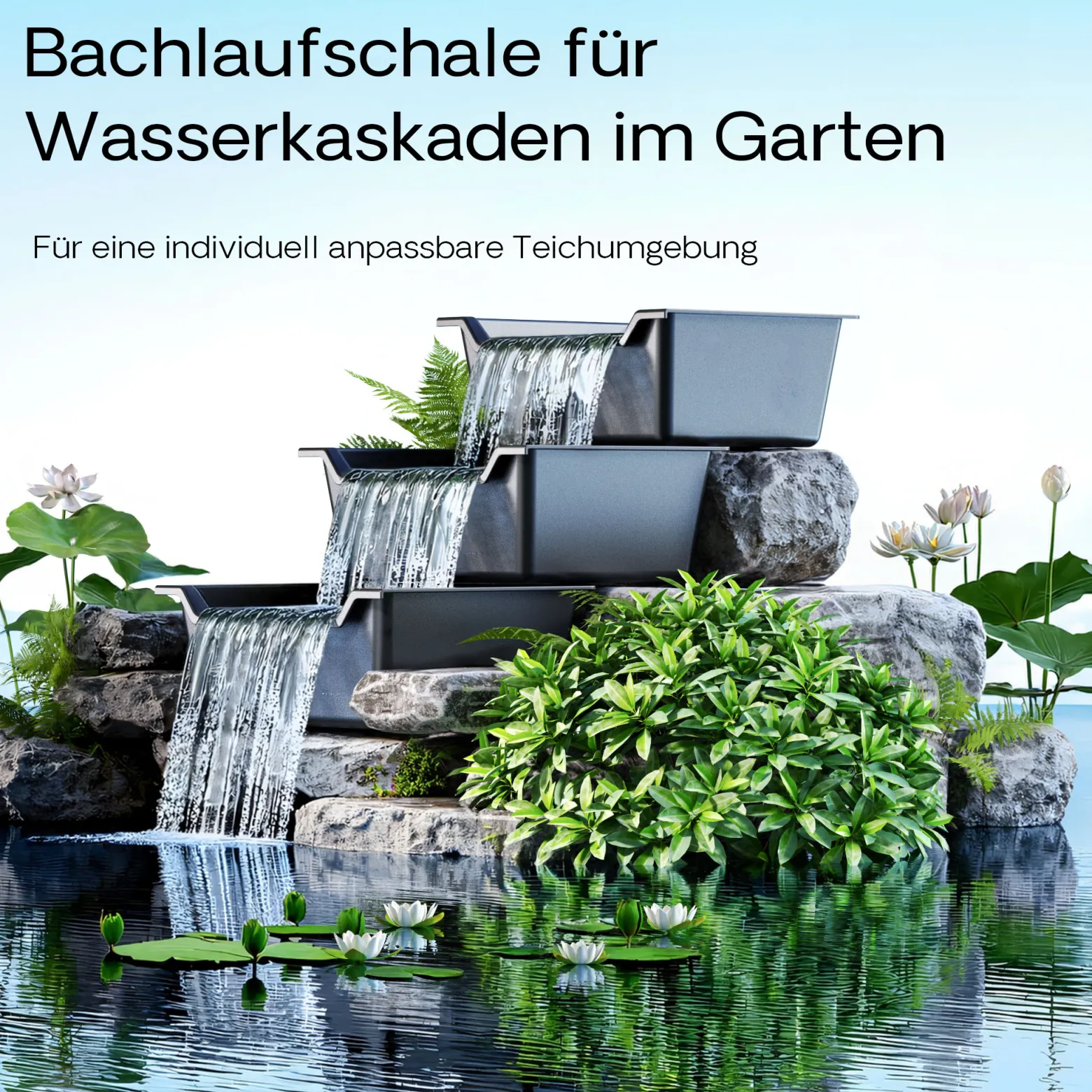 SunSun Wasserfall Garten Bachlaufschale mit 60 l Volumen inkl. Schlauchstufentülle, Teichschale für Wasserkaskaden, Teichwanne als Wasserspiel, Bachlauf und Überlauf