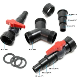 SunSun Y-Verteiler 25/32/38mm (1" / 1 1/4" / 1 1/2") mit Stufentüllen und 2x Absperrhahn zur Mengenregulierung für Teichpumpen und Wasserläufe