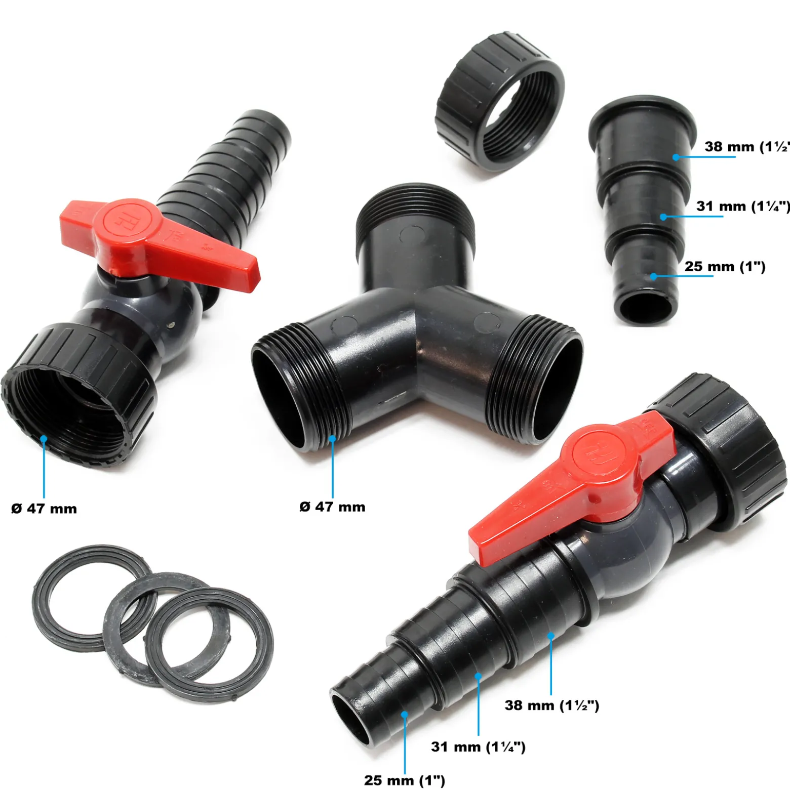 SunSun Y-Verteiler 25/32/38mm (1" / 1 1/4" / 1 1/2") mit Stufentüllen und 2x Absperrhahn zur Mengenregulierung für Teichpumpen und Wasserläufe