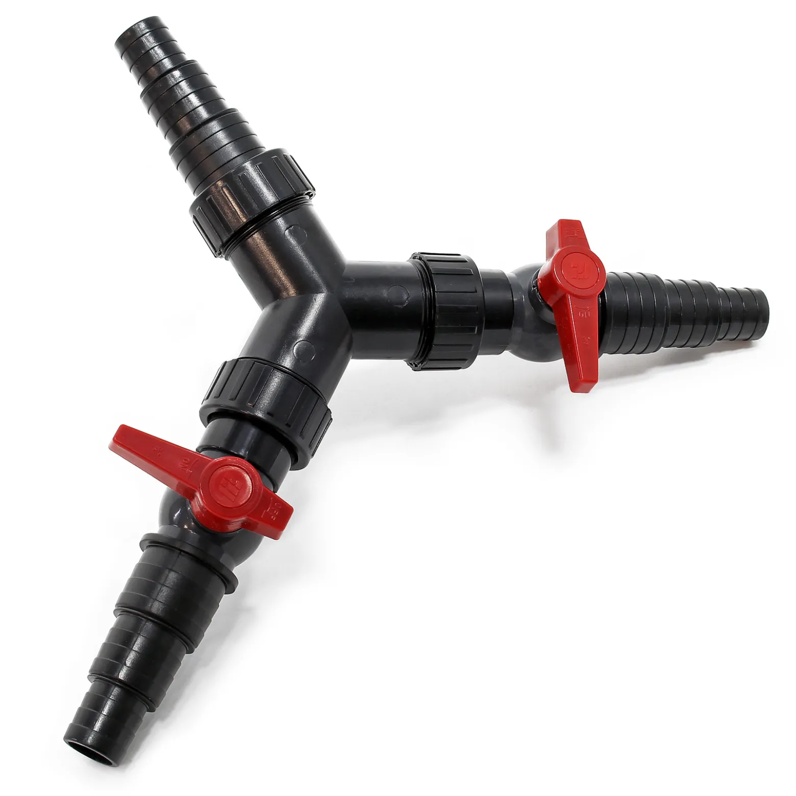 SunSun Y-Verteiler 25/32/38mm (1" / 1 1/4" / 1 1/2") mit Stufentüllen und 2x Absperrhahn zur Mengenregulierung für Teichpumpen und Wasserläufe