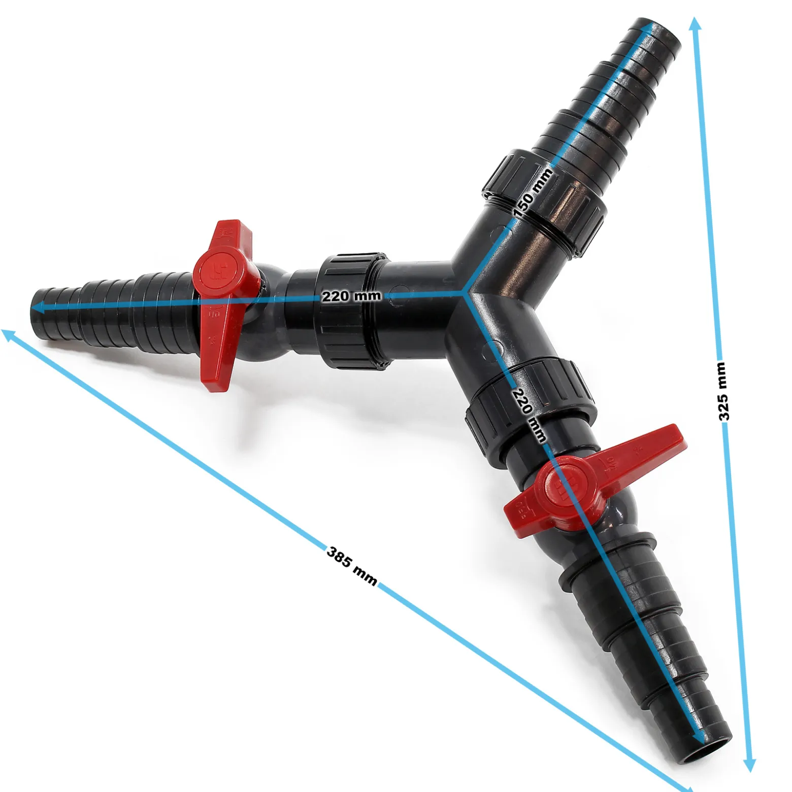 SunSun Y-Verteiler 25/32/38mm (1" / 1 1/4" / 1 1/2") mit Stufentüllen und 2x Absperrhahn zur Mengenregulierung für Teichpumpen und Wasserläufe