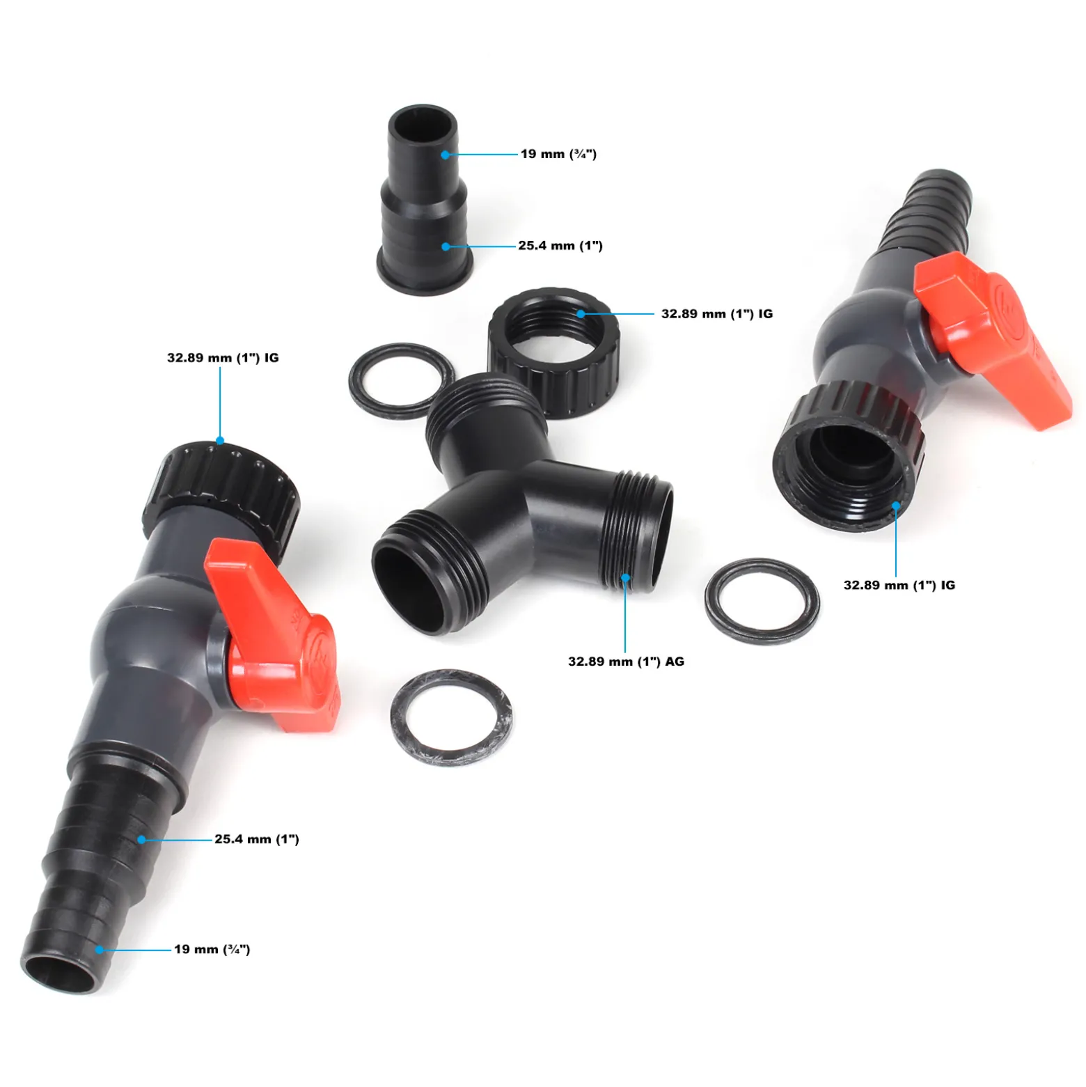 SunSun Y Verteiler 20/25 mm (3/4" / 1") mit Stufentüllen und 2x Absperrhahn zur Mengenregulierung für Teichpumpen und Wasserläufe