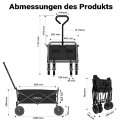 Toboli Bollerwagen faltbar offroad schwarz, Faltbollerwagen belastbar bis 100 kg, Klappbollerwagen für Strand, Garten, Einkäufe