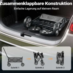Toboli Bollerwagen faltbar offroad grau, Faltbollerwagen belastbar bis 100 kg, Klappbollerwagen für Strand, Garten, Einkäufe