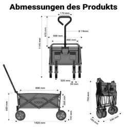 Toboli Bollerwagen faltbar offroad grau, Faltbollerwagen belastbar bis 100 kg, Klappbollerwagen für Strand, Garten, Einkäufe