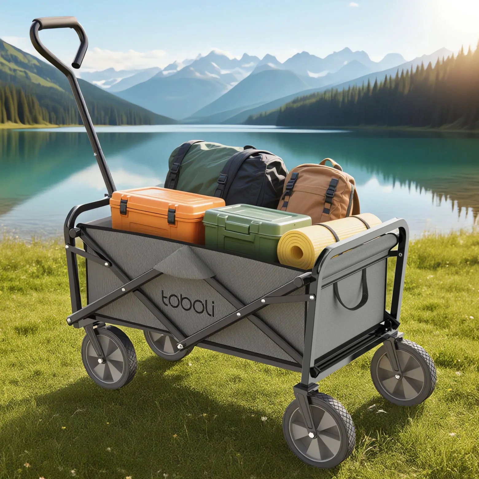 Toboli Bollerwagen faltbar offroad grau, Faltbollerwagen belastbar bis 100 kg, Klappbollerwagen für Strand, Garten, Einkäufe