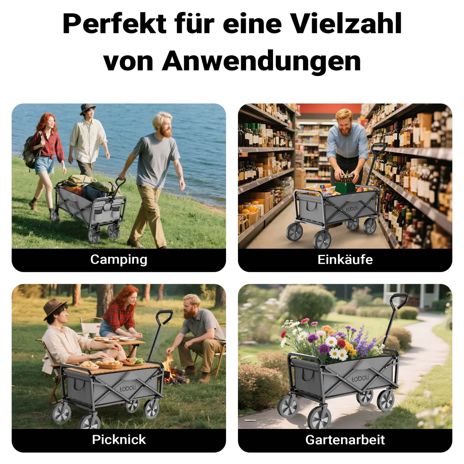 Toboli Bollerwagen faltbar offroad grau, Faltbollerwagen belastbar bis 100 kg, Klappbollerwagen für Strand, Garten, Einkäufe