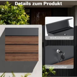 Toboli Briefkasten V63 Anthrazit und Holzdesign 410 x 130 x 370 mm, Wandbriefkasten mit Schloss, Soft Close Klappe und Zeitungsfach, Postkasten aus Stahl pulverbeschichtet