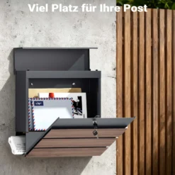 Toboli Briefkasten V63 Anthrazit und Holzdesign 410 x 130 x 370 mm, Wandbriefkasten mit Schloss, Soft Close Klappe und Zeitungsfach, Postkasten aus Stahl pulverbeschichtet