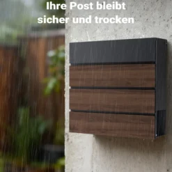 Toboli Briefkasten V63 Anthrazit und Holzdesign 410 x 130 x 370 mm, Wandbriefkasten mit Schloss, Soft Close Klappe und Zeitungsfach, Postkasten aus Stahl pulverbeschichtet