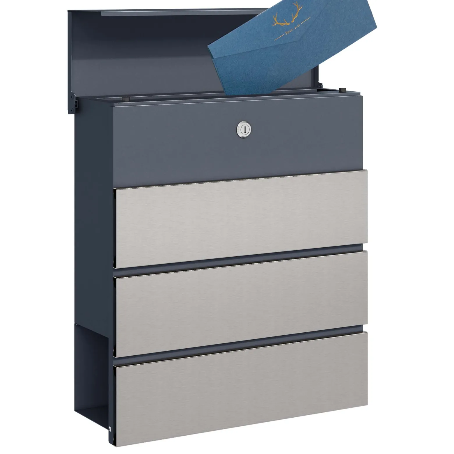 Toboli Briefkasten V64 Anthrazit und Edelstahl 410 x 130 x 370 mm, Wandbriefkasten mit Schloss, Soft Close Klappe und Zeitungsfach, Postkasten aus Stahl pulverbeschichtet