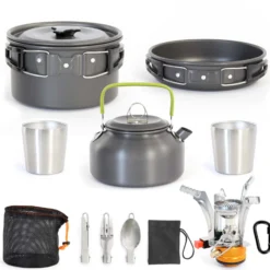 Toboli Camping Geschirr Set 12 tlg. Kochgeschirr für Outdoor Kochausrüstung mit Wasserkocher
