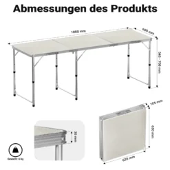 Toboli Campingtisch klappbar 180x60x70cm höhenverstellbar 54/61/70cm Klapptisch Aluminiumrahmen und Tischplatte aus MDF tragbarer Multifunktionstisch Buffettisch Camping Tisch Garten faltbar