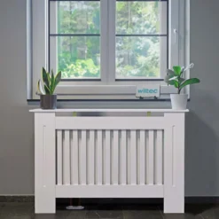 Toboli Heizkörperverkleidung weiß 112 x 19 x 82 cm, Heizkörperabdeckung aus MDF, Holzverkleidung für Heizkörper in Lamellenoptik