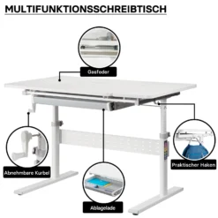 Toboli Kinderschreibtisch verstellbar 100 x 60 cm, mitwachsender Schreibtisch für Kinder neigungs-/höhenverstellbar mit Schublade