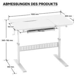 Toboli Kinderschreibtisch verstellbar 100 x 60 cm, mitwachsender Schreibtisch für Kinder neigungs-/höhenverstellbar mit Schublade
