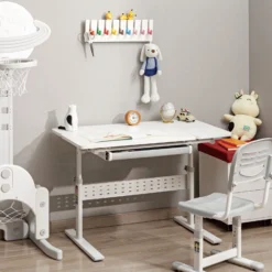 Toboli Kinderschreibtisch verstellbar 100 x 60 cm, mitwachsender Schreibtisch für Kinder neigungs-/höhenverstellbar mit Schublade