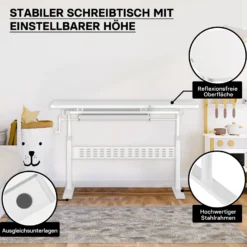 Toboli Kinderschreibtisch verstellbar 100 x 60 cm, mitwachsender Schreibtisch für Kinder neigungs-/höhenverstellbar mit Schublade