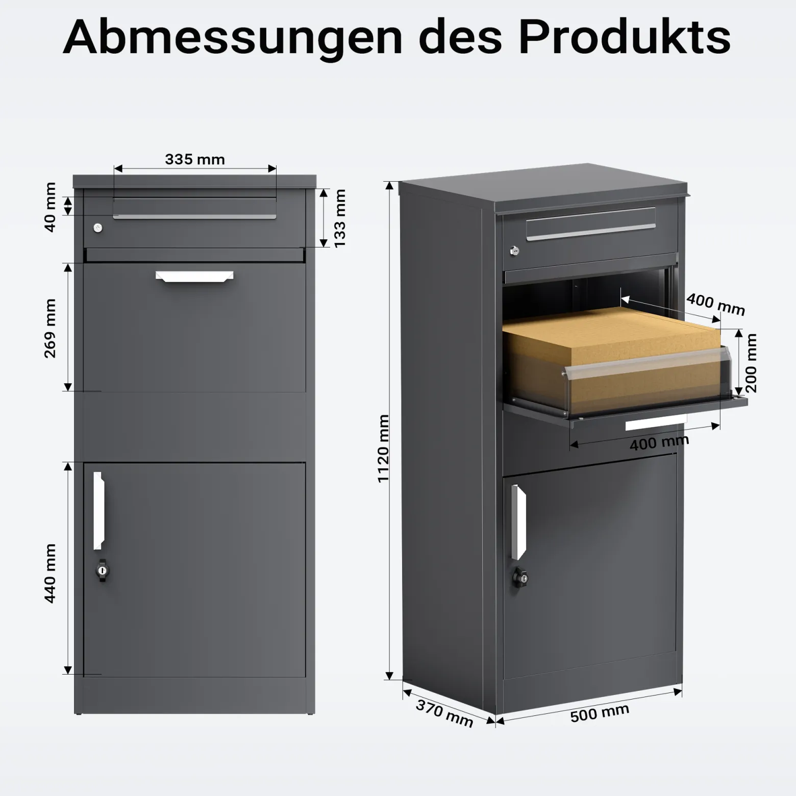 Toboli Paketkasten Anthrazit 500 x 370 x 1120 mm, Paketbox Zuhause, private Paketannahme passend für Pakete und Päckchen, Standbriefkasten Stahl