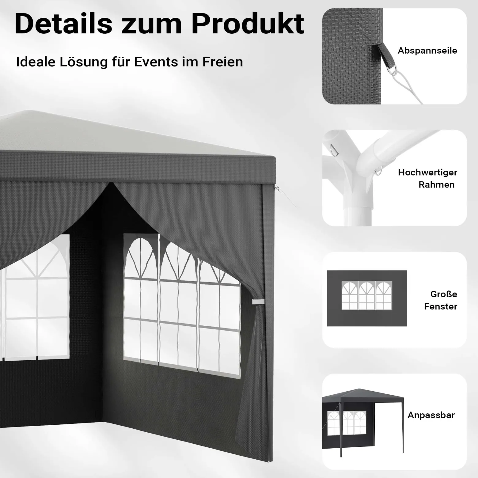 Toboli Pavillon 3 x 3 m in Grau mit UV-Schutz 50+, Gartenpavillon mit abnehmbaren Seiten, Partyzelt mit Fenstern für z. B. Terrasse und Festival