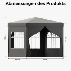 Toboli Pavillon 3 x 3 m in Grau mit UV-Schutz 50+, Gartenpavillon mit abnehmbaren Seiten, Partyzelt mit Fenstern für z. B. Terrasse und Festival